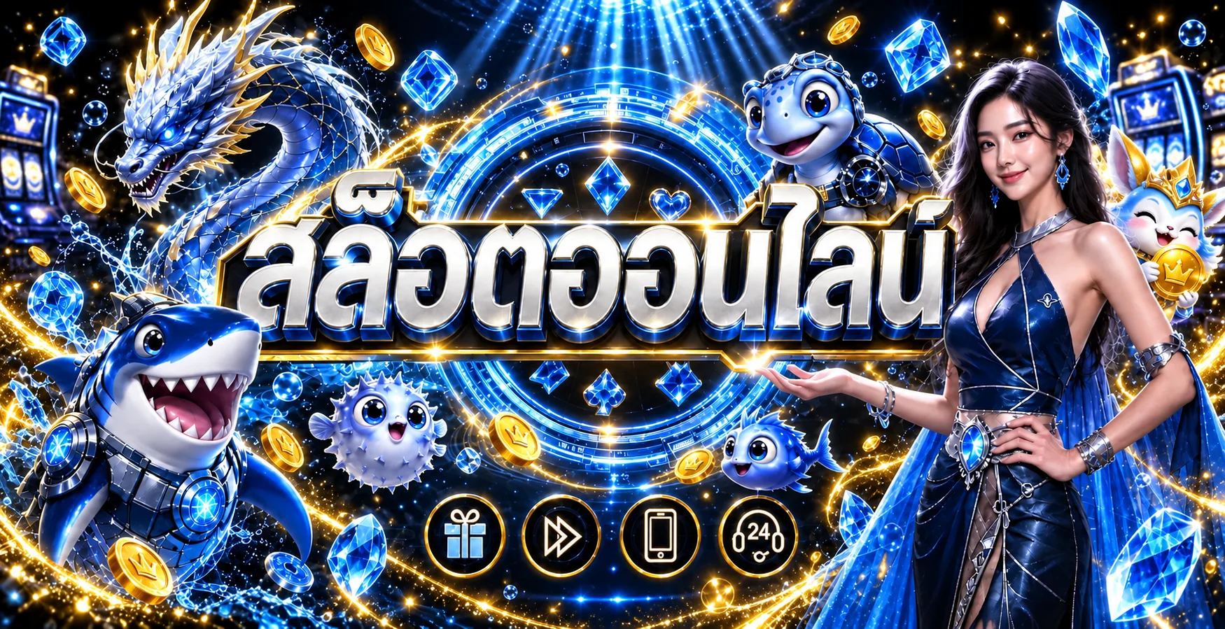 ภาพสล็อตออนไลน์ GPT987 พร้อมตัวละครแฟนตาซีโทนน้ำเงินทอง